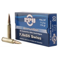 7.5X55 SWISS FMJ BT 174GR (A345) PPU PRVI 7.5X55 Swiss FMJ BT 174gr, 20rds