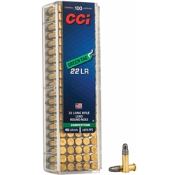 GREEN TAG 22LR (CCI-0033) CCI Green Tag 
Caliber22 LR
Grain Weight40
Muzzle Velocity1070
Bullet StyleLead Round Nose
Ballistic Coefficient.120
Package Quantity100